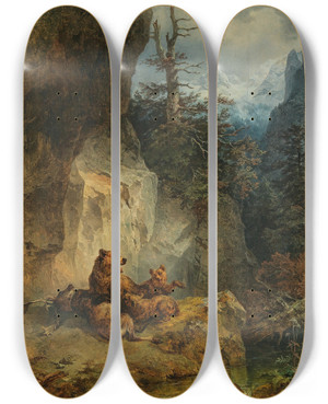 Triptych art skateboard deck of Friedrich August Matthias Gauermann A Mother Bear And Her Cubs With A Stag by Friedrich August Matthias Gauermann (1807-1862)