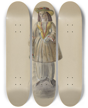 Triptych art skateboard deck of Mina Lowry Pa German Chalkware Bloomer Girl by Mina Lowry (1894-1942)