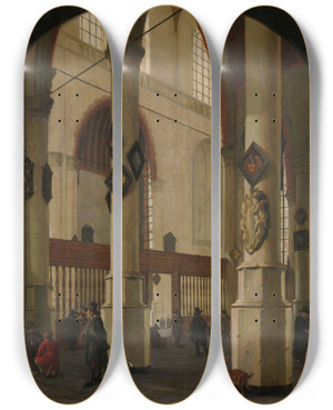Triptych art skateboard deck of Hendrick Cornelisz Van Vliet View Of The Oude Kerk In Delft by Hendrick Cornelisz. van Vliet (1611-1675)