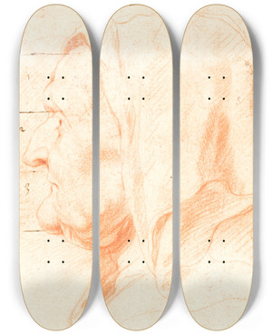 Triptych art skateboard deck of Jacob Jordaens Head Of An Old Woman In Left Profile by Jacob Jordaens (1593-1678)