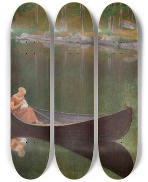 Triptych art skateboard deck of Pekka Halonen Woman In A Boat by Pekka Halonen (1865-1933)