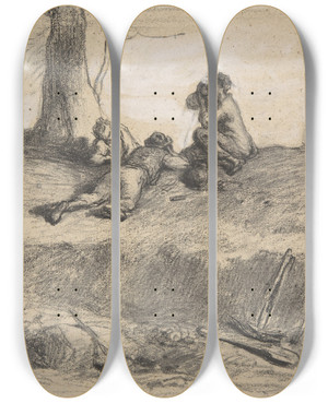Triptych art skateboard deck of Jeanfranois Millet Roadworkers At Lunch by Jean-Franois Millet (1814-1875)