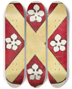Triptych art skateboard deck of Prosper Lafaye Etude Pour Un Vitrail Motif Hraldique Cusson by Prosper Lafaye (1806-1883)