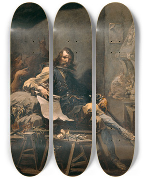 Triptych art skateboard deck of Alessandro Magnasco Satire On A Nobleman In Misery by Alessandro Magnasco (1667-1749)