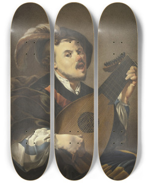Triptych art skateboard deck of Johann Friedrich Morgenstern A Lute Player by Johann Friedrich Morgenstern (1777-1844)