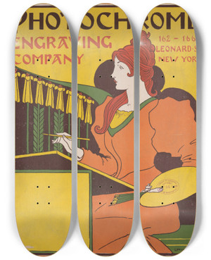 Triptych art skateboard deck of Louis Rhead Photochrome Engraving Company by Louis Rhead (1857-1926)