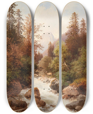 Triptych art skateboard deck of Carl Hasch Motif Of The Ramsau Near Lofer by Carl Hasch (1834-1897)