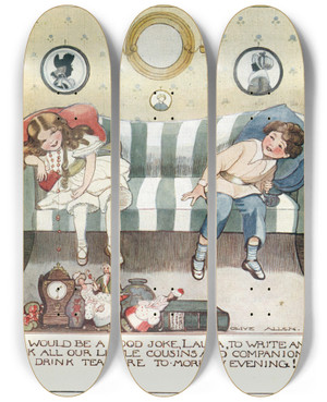Triptych art skateboard deck of Olive Allen It Would Be A Good Joke Laura by Olive Allen (1879-1957)