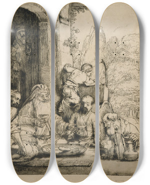 Triptych art skateboard deck of Rembrandt Van Rijn Abraham Entertaining The Angels by Rembrandt Van Rijn (1606-1669)