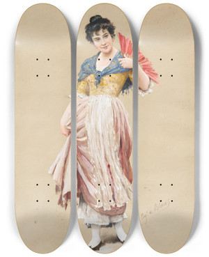Triptych art skateboard deck of Eugen Von Blaas A Young Lady With A Red Fan_2 by Eugen Von Blaas (1843-1931)