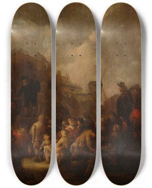 Triptych art skateboard deck of Benjamin Gerritsz Cuyp A Peddler Before A Crowd Of Villagers In A Town Square by Benjamin Gerritsz Cuyp (1612-1652)