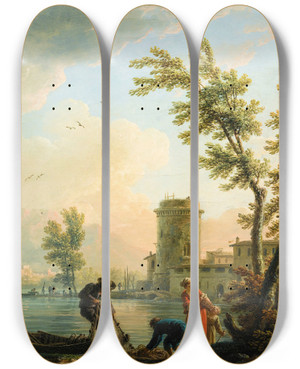 Triptych art skateboard deck of Claudejoseph Vernet Fishers At Sunrise by Claude Joseph Vernet (1714-1789)