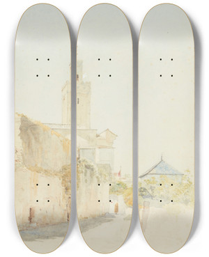 Triptych art skateboard deck of James Crowe Richmond Mosque At Tlemcen by James Crowe Richmond (1822-1898)