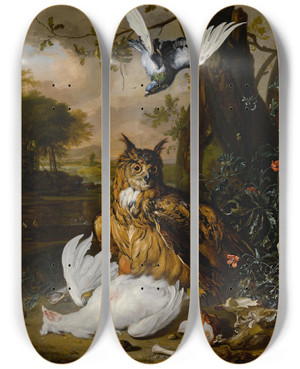 Triptych art skateboard deck of Dirk Valkenburg A Eurasian Eagleowl With Other Birds In A Landscape by Dirk Valkenburg (1675-1721)