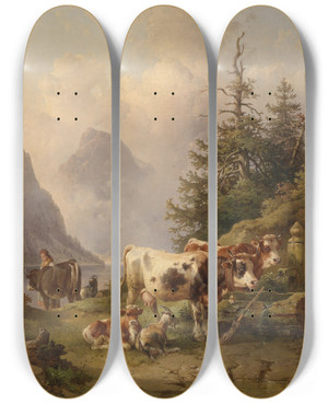 Triptych art skateboard deck of Edmund Mahlknecht Viehherde Mit Hirtin Am Seeufer by Edmund Mahlknecht (1820-1903)