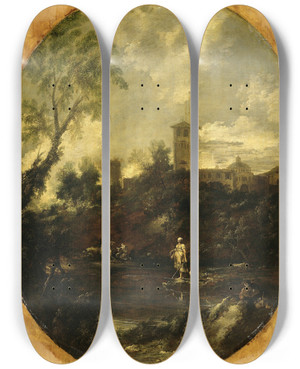Triptych art skateboard deck of Antonio Francesco Peruzzini Landscape With Monks Pilgrim And Peasant Woman by Antonio Francesco Peruzzini (1646-1724)