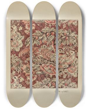 Triptych art skateboard deck of Eugene La Foret Quilted Chintz Coverlet by Eugene La Foret
