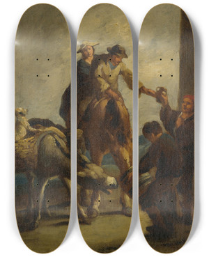 Triptych art skateboard deck of Eugenio Lucas Velzquez Water Sellers With A Donkey by Eugenio Lucas Velazquez (1817-1870)
