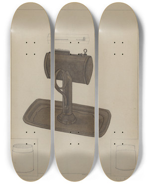 Triptych art skateboard deck of Marie Famularo Lamp And Tallow Strainer by Marie Famularo