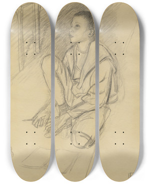 Triptych art skateboard deck of Leopold Von Kalckreuth The Artists Son Wolf Crouching On The Floor by Leopold Von Kalckreuth (1855-1928)