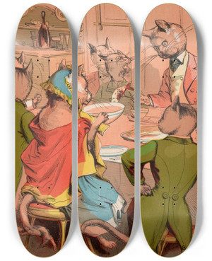 Triptych art skateboard deck of Mcloughlin Bros They Are Desired To Make Themselves At Home by Mcloughlin Bros (1858-1920)