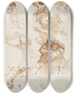 Triptych art skateboard deck of Taddeo Zuccari Studien Zu Einem Sitzenden Propheten Oder Evangelisten Mit Aufgeschlagenem Buch Zu Einem Engel Und Fustudie by Taddeo Zuccari