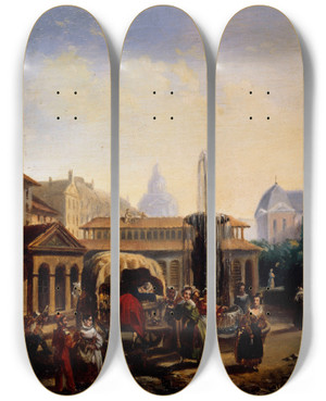 Triptych art skateboard deck of Jean Baptiste Lecoeur Le March Saintmartin by Jean Baptiste Lecoeur (1795-1838)