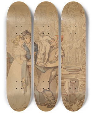 Triptych art skateboard deck of Thomas Rowlandson Moderns Reflecting On The Works Of The Ancients by Thomas Rowlandson (1756-1827)