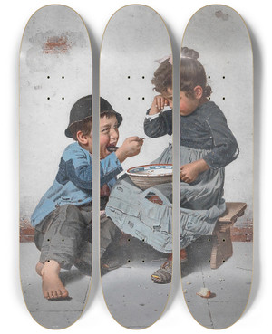 Triptych art skateboard deck of Giulio Del Torre A Bowl With Porridge by Giulio del Torre (1856-1932)