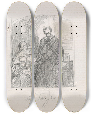 Triptych art skateboard deck of Nicaise De Keyser Torquato Tasso Dressed As A Sheperd Visits His Sister Cornelia In Sorrento_1 by Nicaise De Keyser (1813-1887)