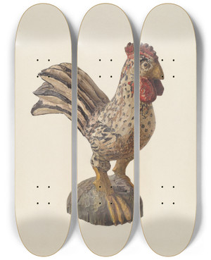 Triptych art skateboard deck of Marian Page Rooster Woodcarving by Marian Page