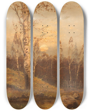 Triptych art skateboard deck of Anton Von Rdt Birch Forest In The Evening by Anton Von Rudt (1883-1946)