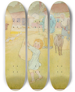 Triptych art skateboard deck of Leonard Leslie Brooke Little Boy Carrying Bag Of Wool by Leonard Leslie Brooke (1862-1940)