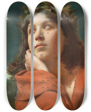 Triptych art skateboard deck of Wadysaw Czachrski Portrait Of A Girl With Laurel Wreath by Wladyslaw Czachorski (1850-1911)