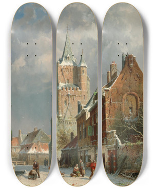 Triptych art skateboard deck of Adrianus Eversen In The Voldersgracht In Delft by Adrianus Eversen (1818-1897)
