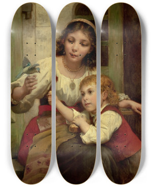 Triptych art skateboard deck of Franois Lafon Child And Mother With Bird by Francois Lafon (1846-1920)
