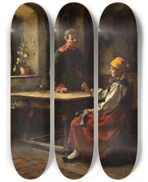 Triptych art skateboard deck of Emil Rau Officer With Peasant by Emil Rau (1858-1937)