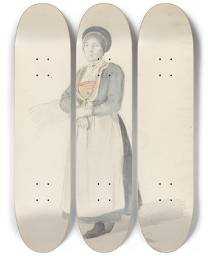 Triptych art skateboard deck of Adolph Tidemand Stende Kvinne I Bunad by Adolph Tidemand (1814-1876)