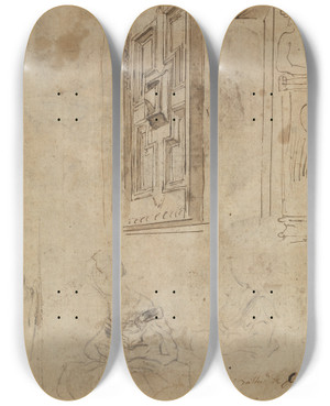 Triptych art skateboard deck of Jacob Jordaens Die Heilige Familie Mit Elisabeth Und Dem Johannesknaben Rckseite Tr Trffnung Und Herme by Jacob Jordaens (1593-1678)