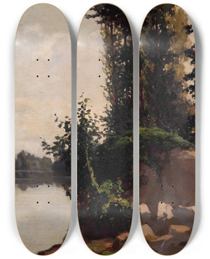 Triptych art skateboard deck of Cesare Viazzi Paesaggio Sullorba Con Roccia E Rampicante by Cesare Viazzi (1857-1943)
