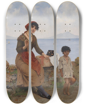 Triptych art skateboard deck of Moritz Stifter Schmuckverkuferin An Der Kste by Moritz Stifter (1857-1905)