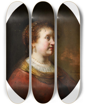 Triptych art skateboard deck of Govert Flinck Woman In A Red Dress And Pearls by Govert Flinck (1615-1660)