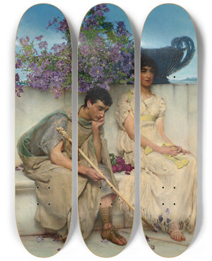 Triptych art skateboard deck of Lawrence Almatadema An Eloquent Silence by Lawrence Alma-Tadema (1836-1912)