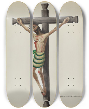 Triptych art skateboard deck of Majel G Claflin Cristo Carved And Painted On Black Carved Wooden Cross by Majel G Claflin (1893-1941)
