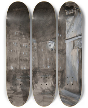 Triptych art skateboard deck of Jzef Pankiewicz Old Town Market Square In Warsaw At Night Study Of The Motif For The Oil Painting by Jozef Pankiewicz (1866-1940)