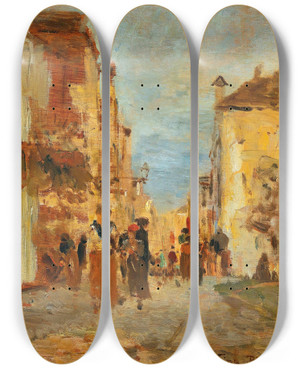 Triptych art skateboard deck of Tina Blau An Alley In Venice by Tina Blau (1845-1916)