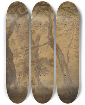 Triptych art skateboard deck of Joseph Farington Landscape With Trees And Figures by Joseph Farington (1747-1821)