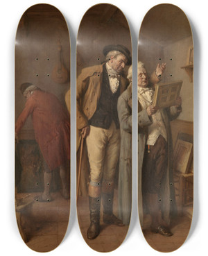 Triptych art skateboard deck of Jeanbaptiste Madou At The Art Dealer by Jean-Baptiste Madou (1796-1877)
