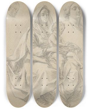 Triptych art skateboard deck of Etienne Parrocel Seated Woman With A Child On Her Lap Study For A Mystic Marriage Of St Catherine Of Alexandria by Etienne Parrocel (1696-1776)