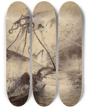 Triptych art skateboard deck of Henrique Alvim Corra Martian Fighting Machine In The Thames Valley by Henrique Alvim Correa (1876-1910)